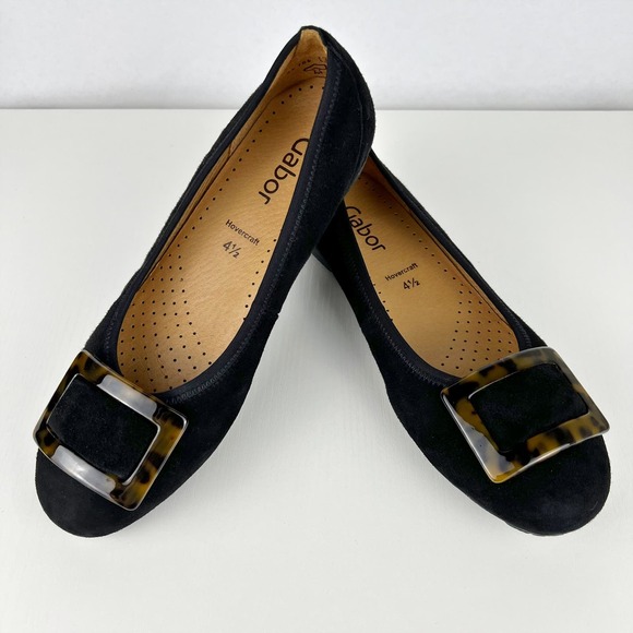 Gabor Black Suede Leather Tortoise Shell Buckle Ballerina Flats Size 4.5 (7) - Picture 1 of 7